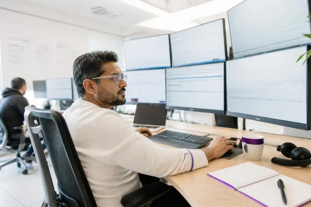 A man is working at multiple monitors in an office.