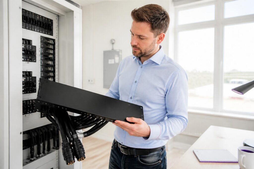 A man holds a server device in a bright room.