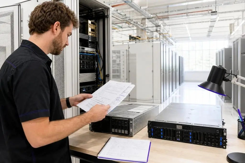A man is looking at documents in a server room with servers on a table.