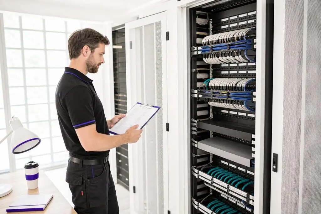 A man stands in front of a server rack holding a clipboard.