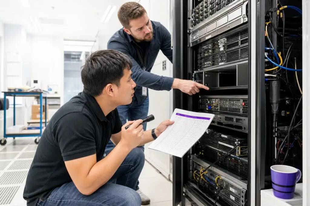 Two men working on a server rack in a data center.