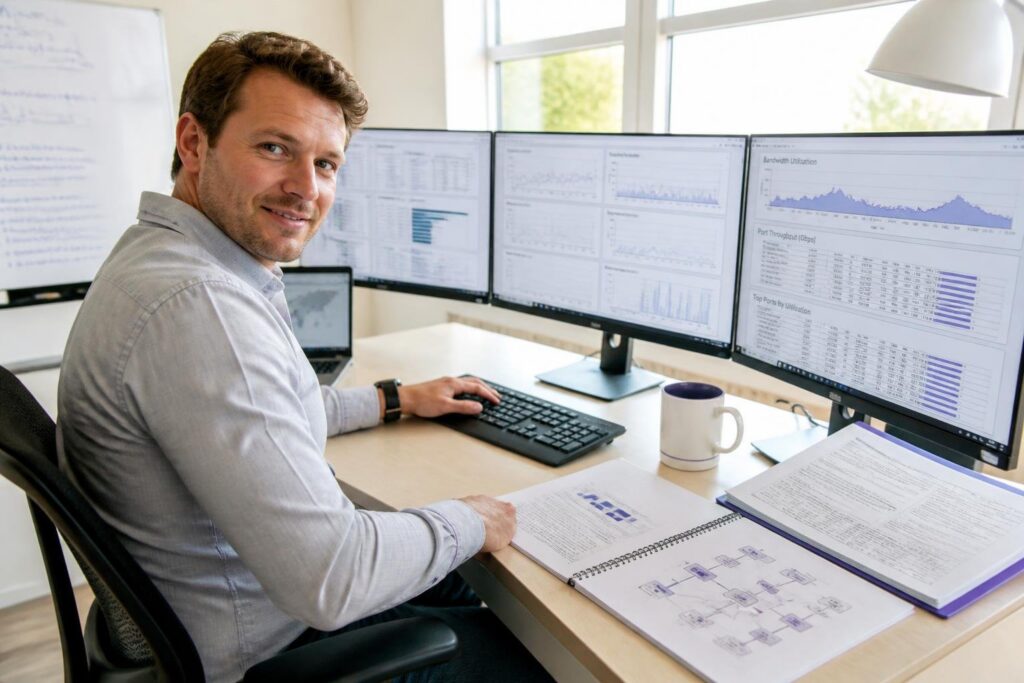 A man sits at a desk with multiple monitors displaying charts and tables.