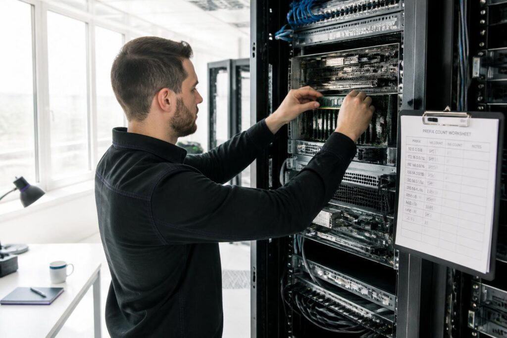 A man is working on a server rack with a worksheet on a clipboard.