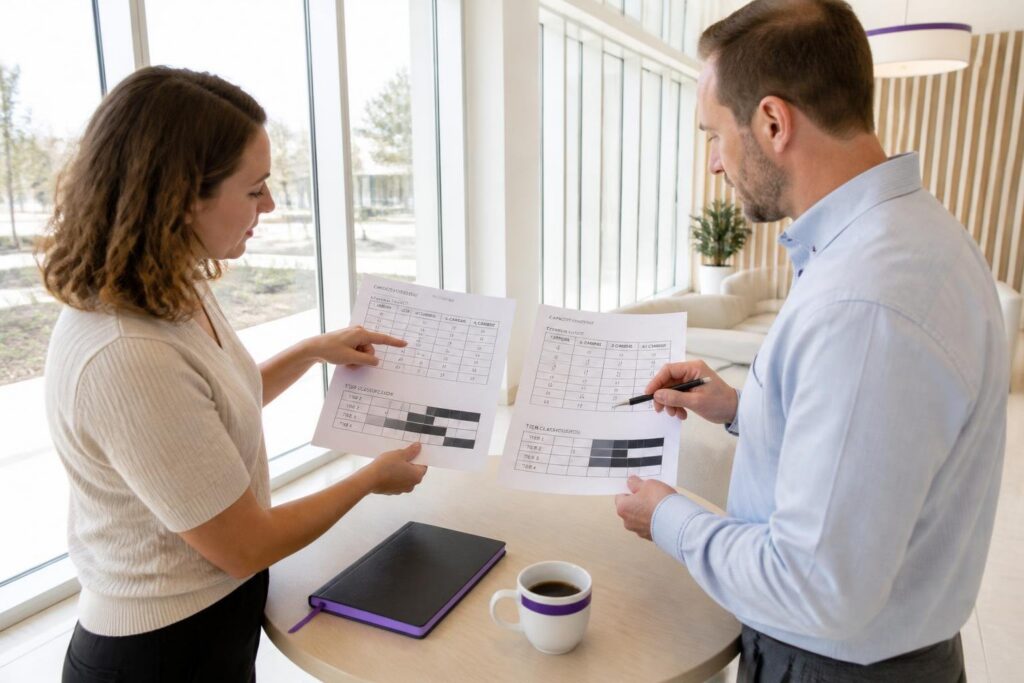 Two people discussing documents with tables at a table.