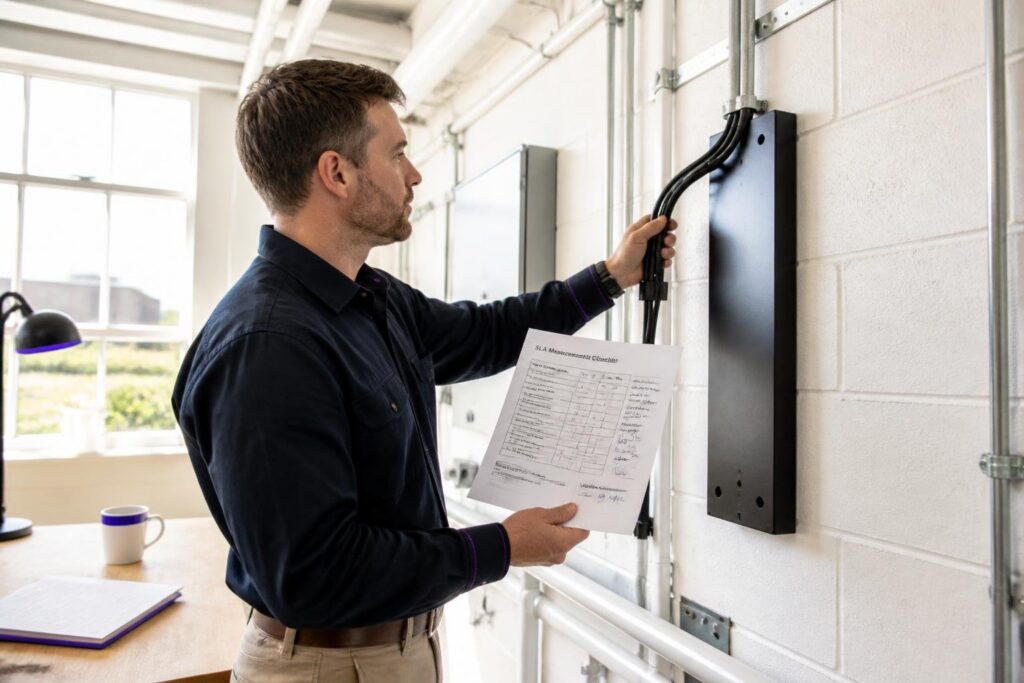 A man holds a document labeled 'SLA Measurement Checklist' and inspects cables on a wall.