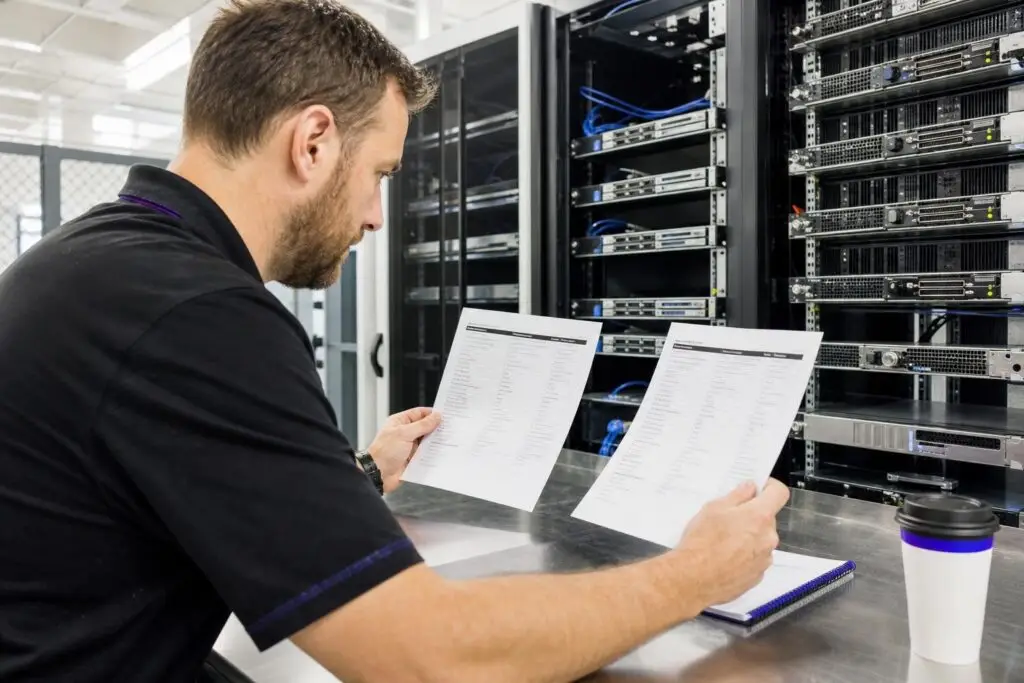 A man is looking at documents in front of a server rack.