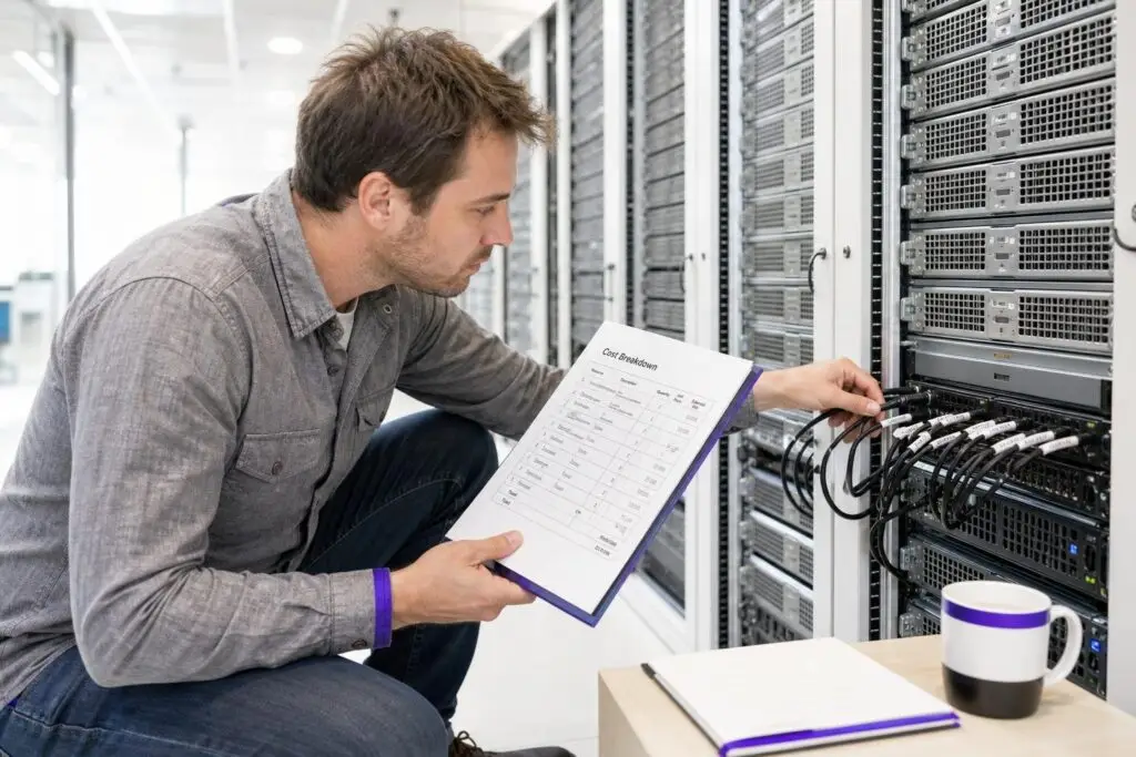A man checks servers in a data center holding a cost breakdown document.