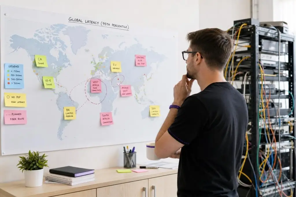 A man looks at a world map with notes on global latency in a server room.