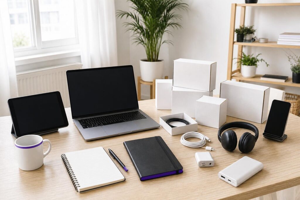 A desk with a laptop, tablet, headphones, and packaging boxes.
