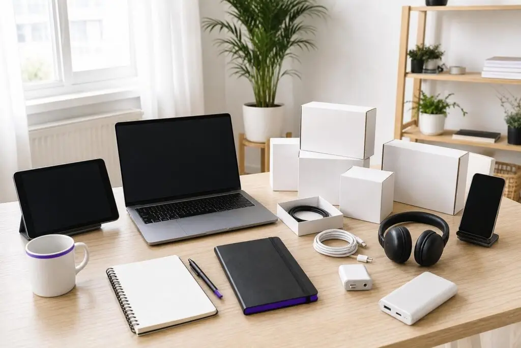 A desk with a laptop, tablet, headphones, and packaging boxes.