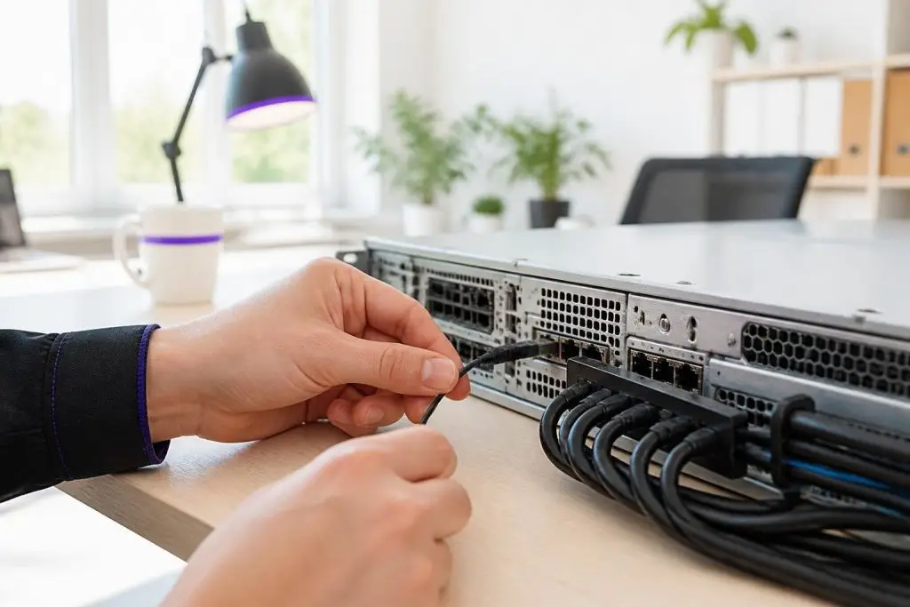 A person connects a cable to a server in an office.