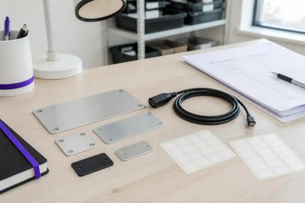 A table with a cable, metal plates, and paper.