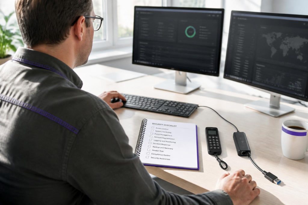 A man sits at a desk with two monitors and a security checklist.
