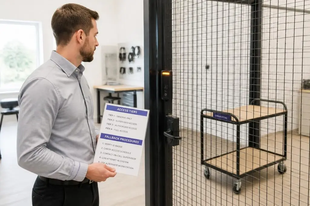 A man holds a sign with access tiers and fallback procedures in front of a locked mesh gate.