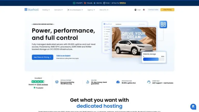A webpage with information about dedicated servers and a car as an example image.