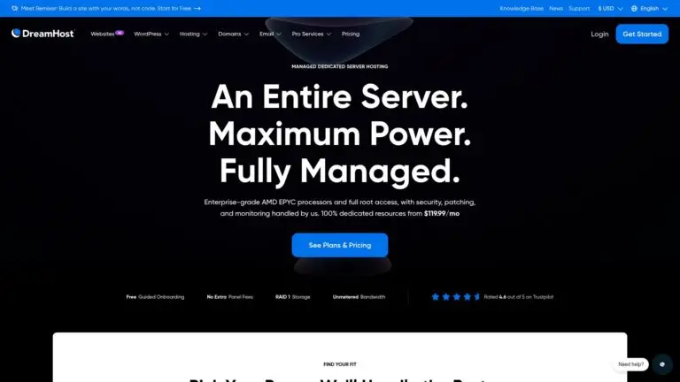 Screenshot of the DreamHost homepage, showing the provider's branding and main navigation.