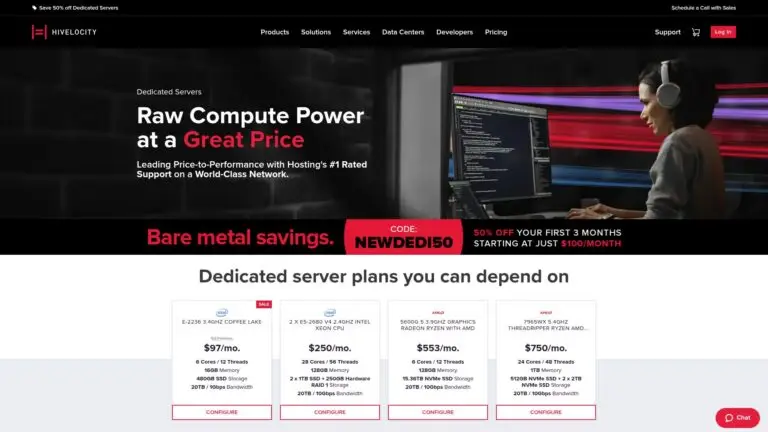 Screenshot of the Hivelocity homepage, a bare metal dedicated server provider.