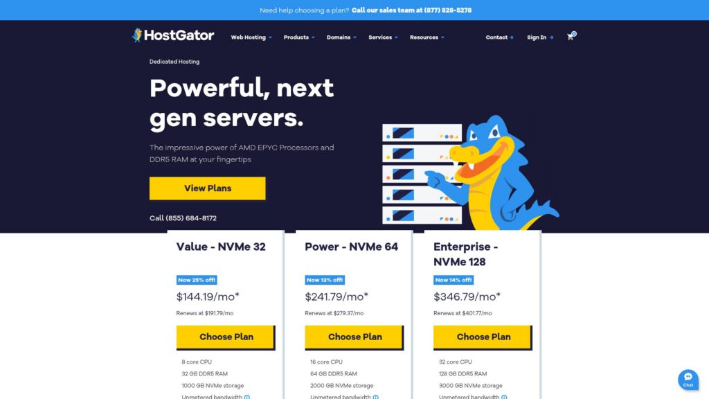 A webpage with dedicated server offers and a cartoon alligator.
