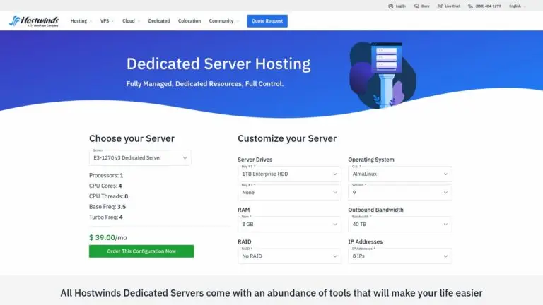 Screenshot of the Hostwinds homepage, a dedicated server provider offering granular hardware customization options.