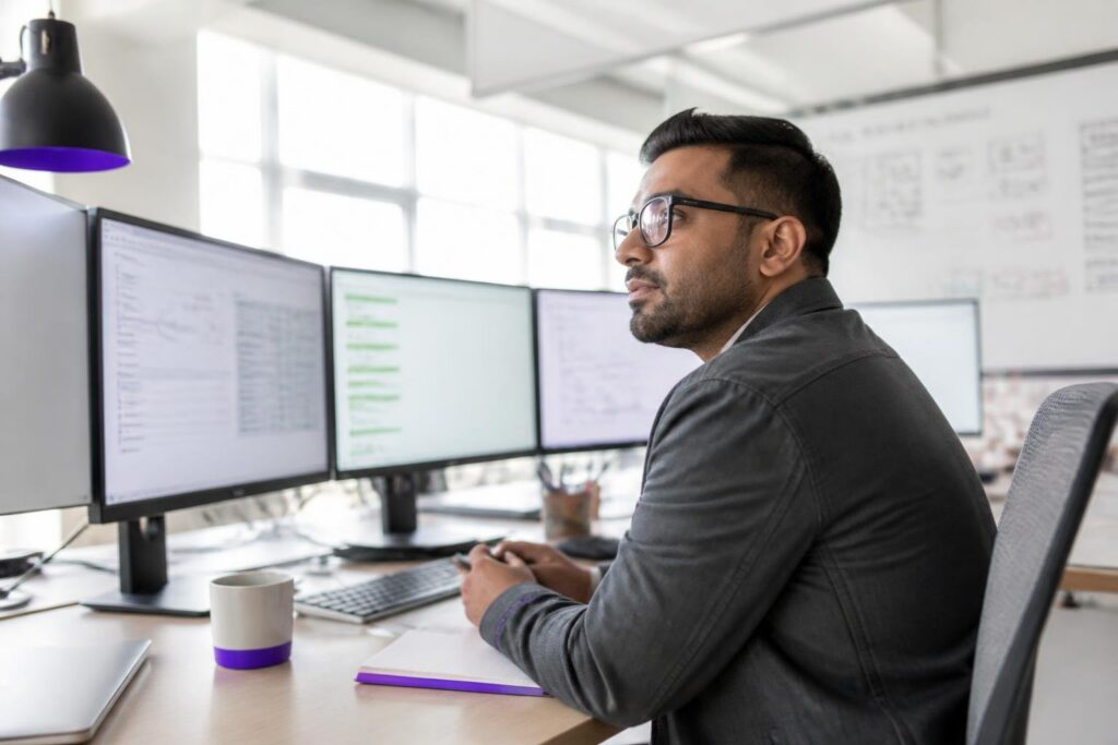 A man sits at a desk with multiple monitors.