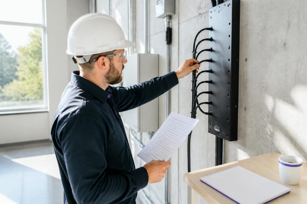A man wearing a hard hat inspects cables on a wall.