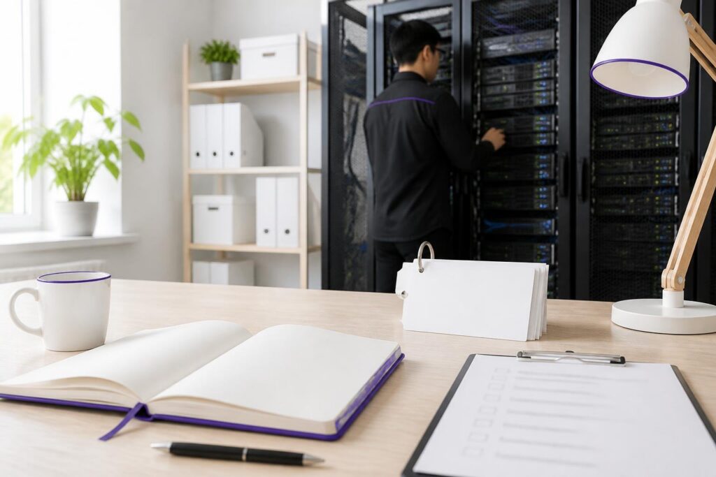 A man works on server racks in an office with a desk in the foreground.