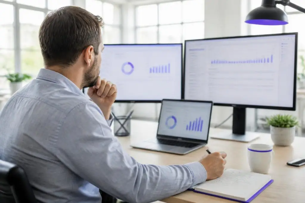 A man sits at a desk with multiple screens displaying charts.