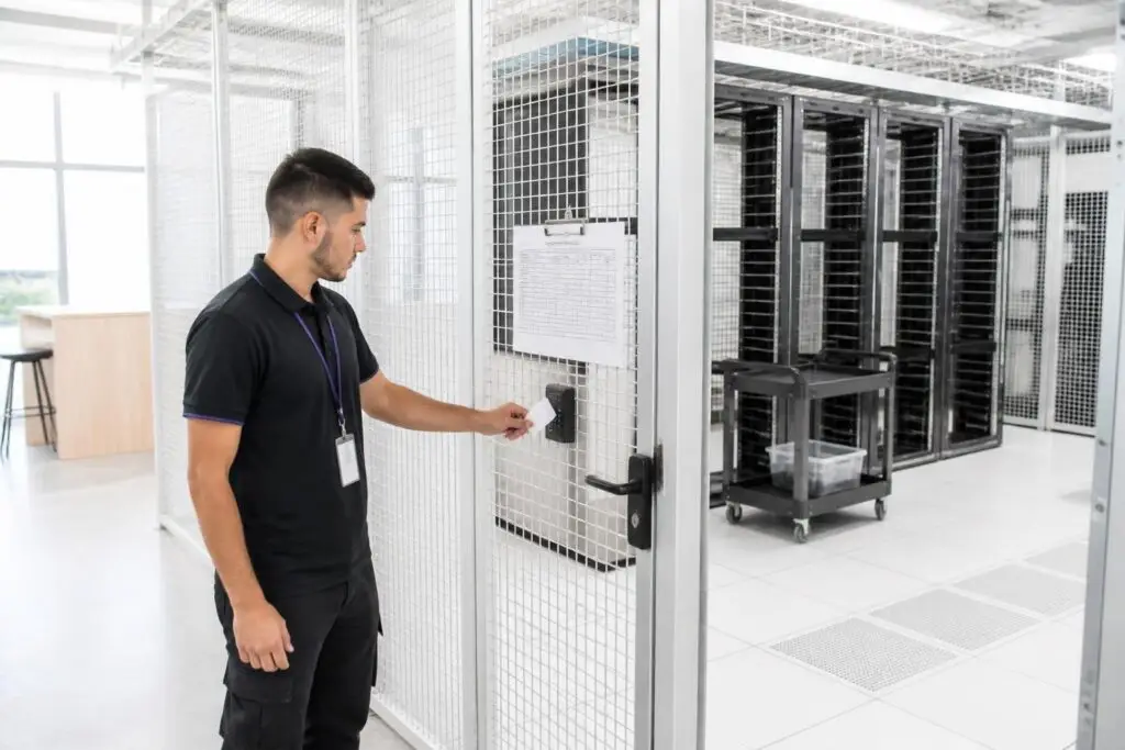 A man is using a card to open a door to a server room.
