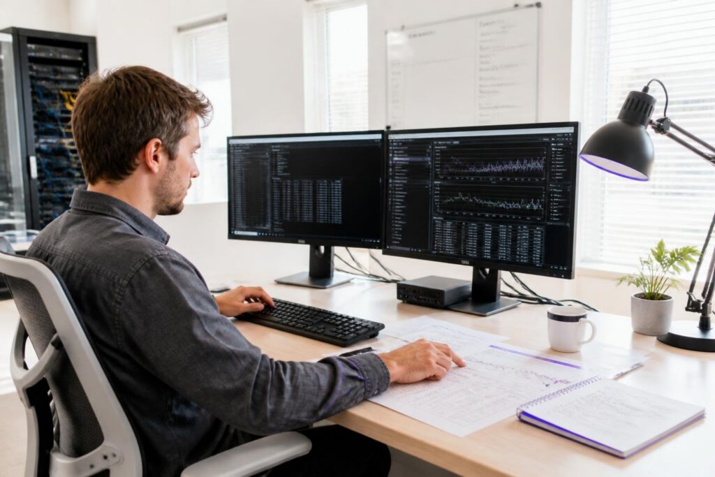 A man working on two monitors with data analysis in an office.