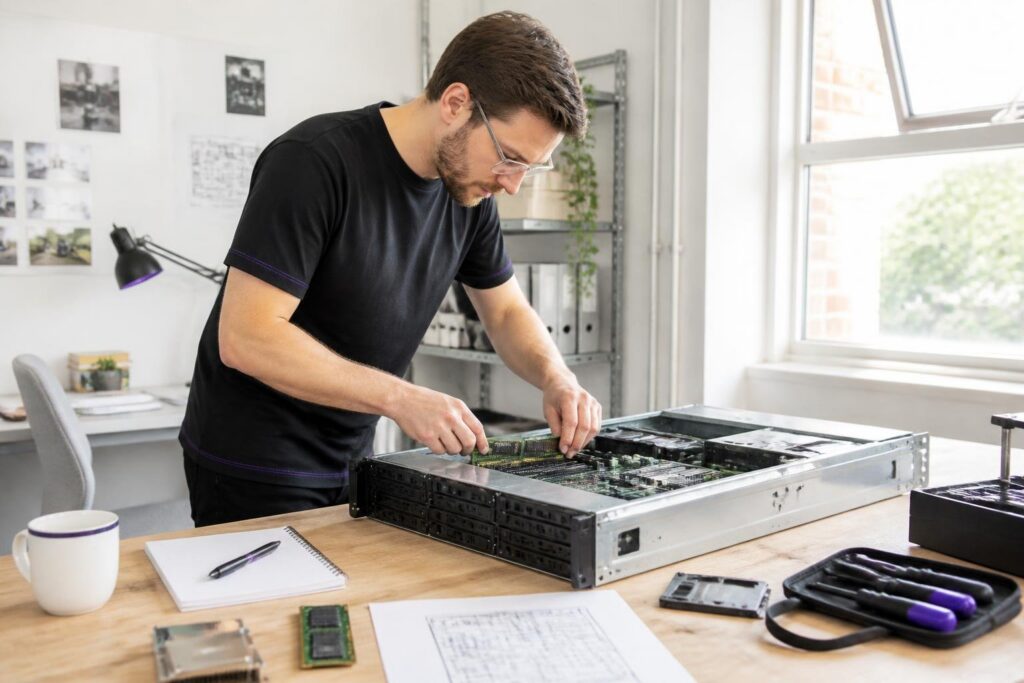 A man is working on a server in an office.