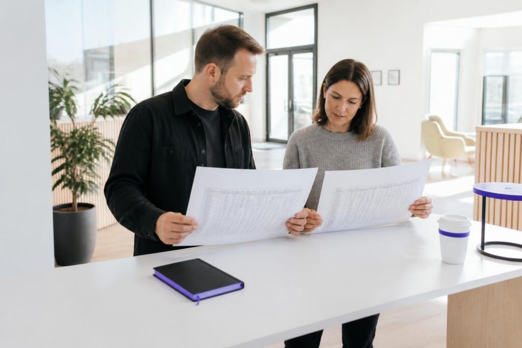 Two people are looking at documents at a table in a modern office.