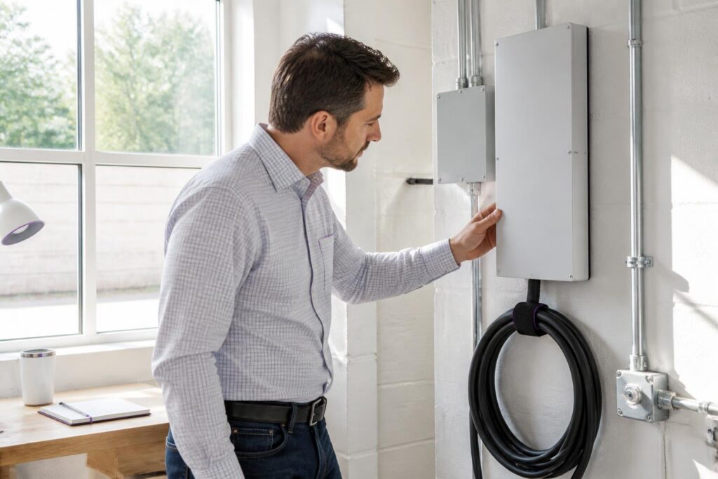 A man inspects an electrical device on the wall.