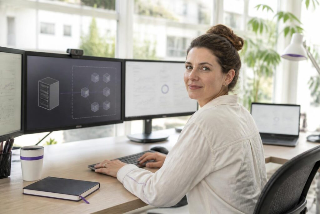 A woman sits at a desk with multiple monitors displaying a server diagram.