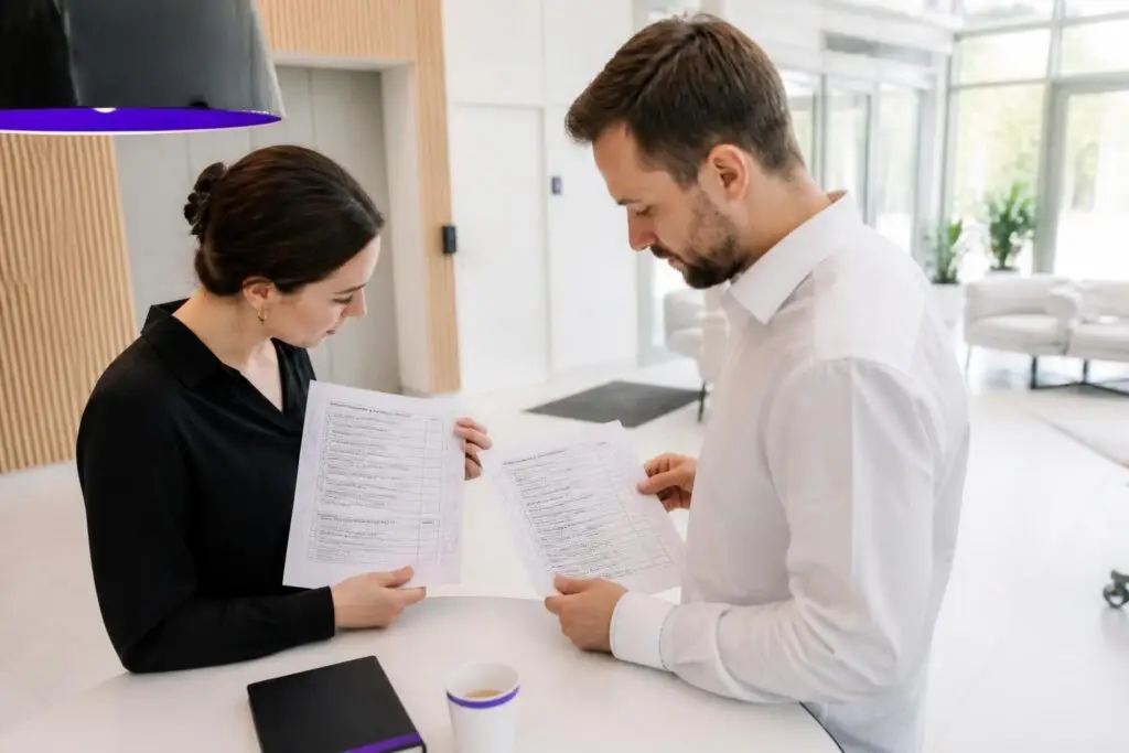 Two people are looking at documents in a modern office.