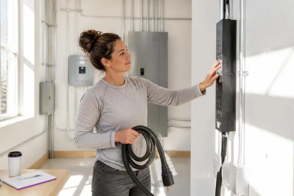 A woman holds a thick power cable and touches an electrical panel.