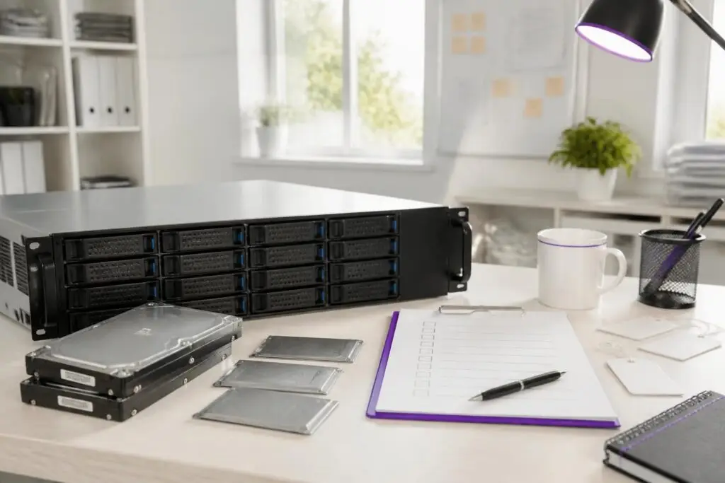 A server chassis with hard drives on a desk.
