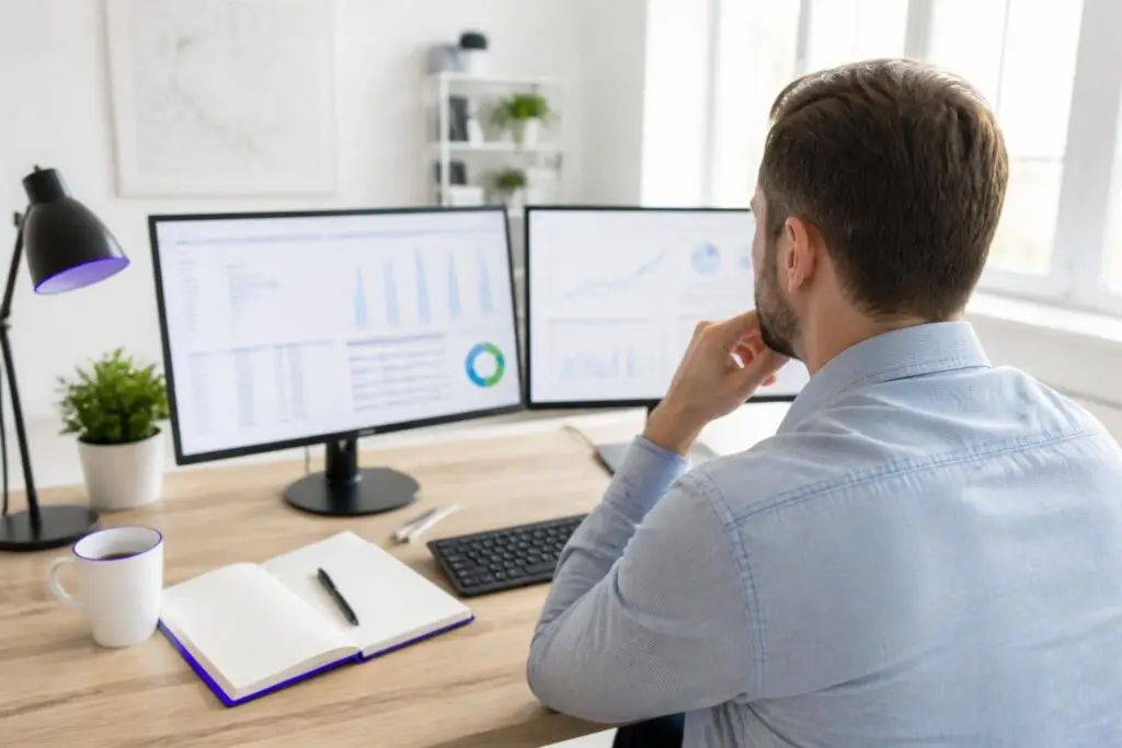 A man is looking at data on two monitors at a desk.