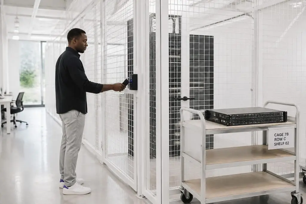 A man is using a card to open a door to a server room.