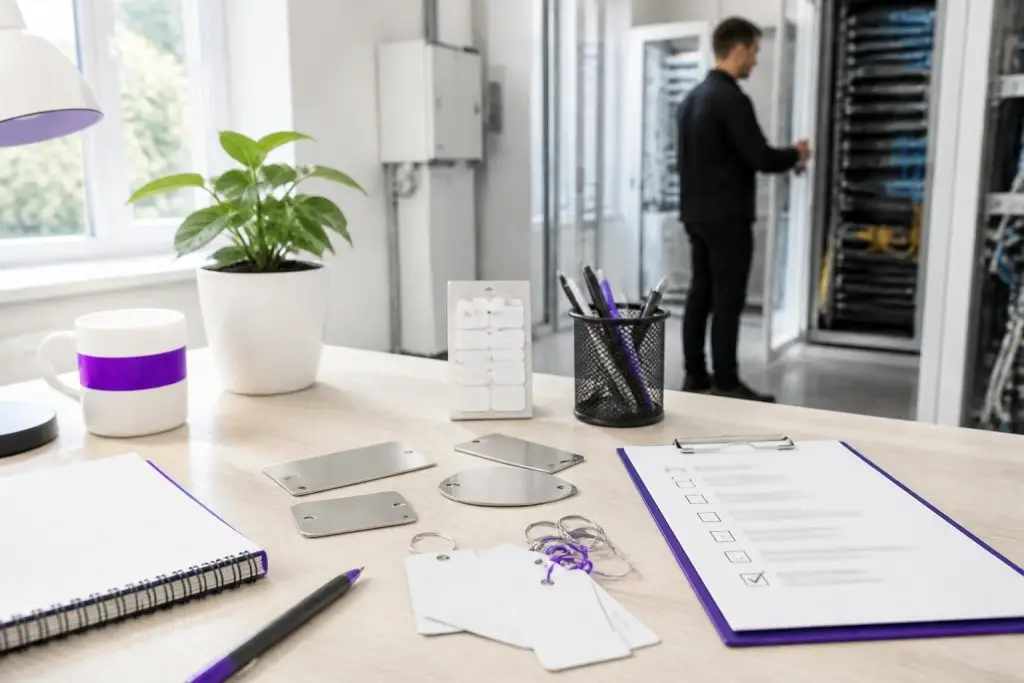 A desk with office supplies and a man in front of server racks in the background.